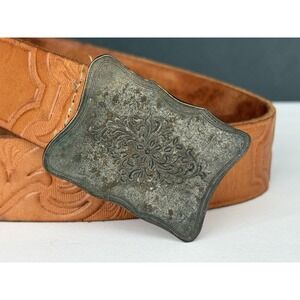 VTG Girls Embossed Leather Western Belt Floral Peg Buckle Tan/Brown Size Small